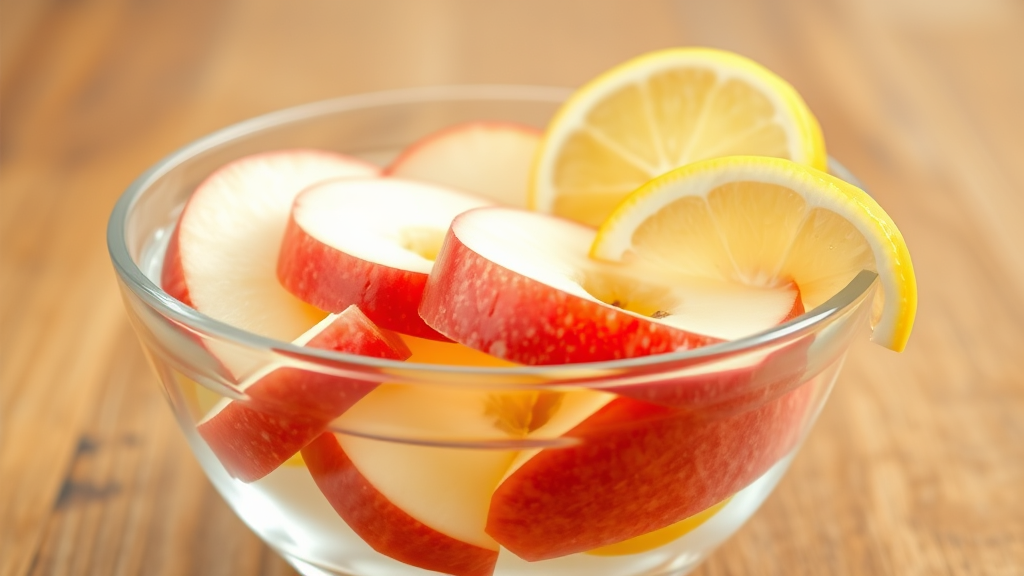 Apple slices in glass bowl with lemon wedges and clear solution no text no words no letters