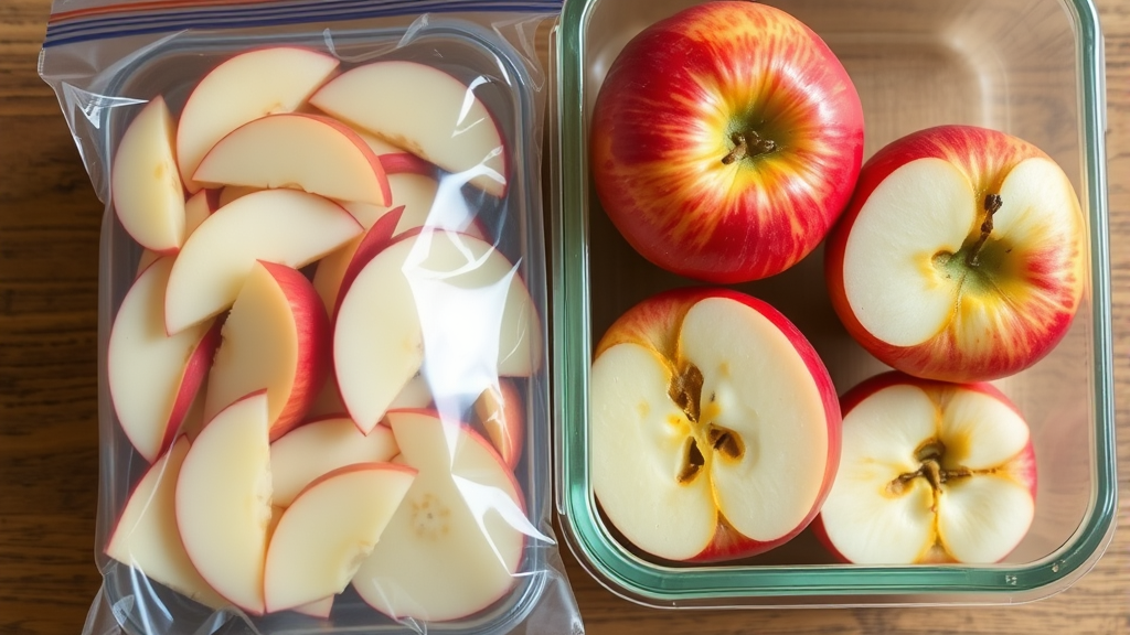 Vacuum sealed apple slices in clear container next to whole apples no text no words no letters