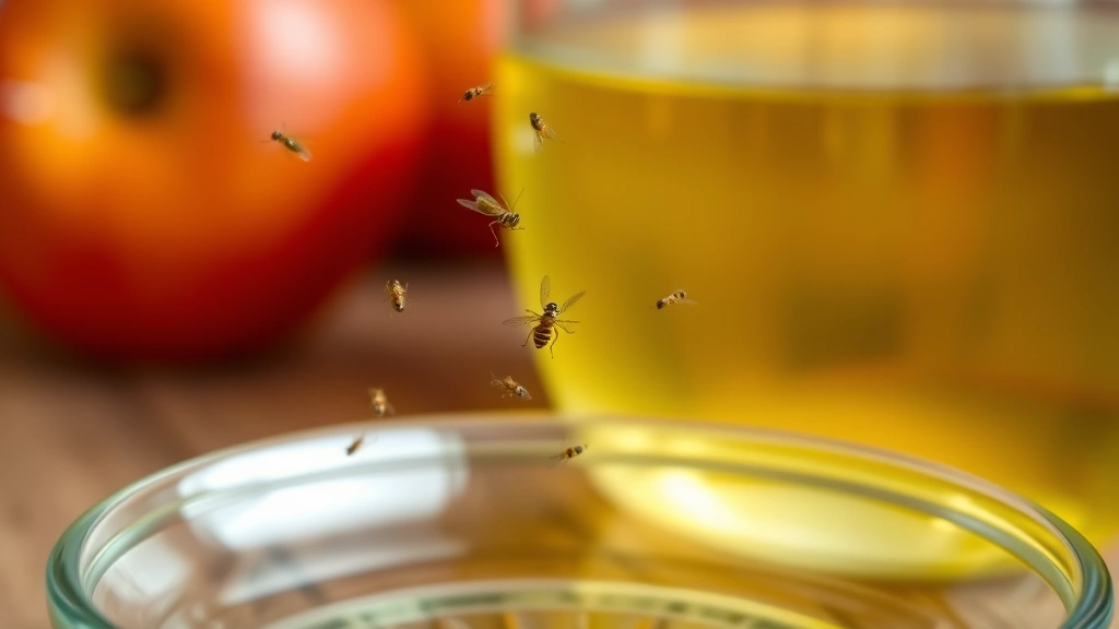 Close-up of apple cider vinegar trap with gnats, clear glass bowl on wooden kitchen counter with fruit blurred in background