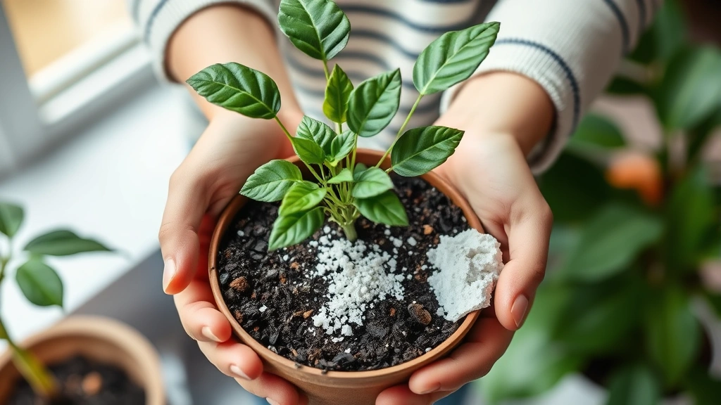 Hands holding potted houseplant with soil, showing diatomaceous earth application, indoor plant care setup with natural lighting