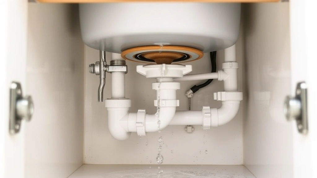 Kitchen sink drain with water droplets and pipes visible underneath cabinet, demonstrating drain maintenance area for gnat prevention