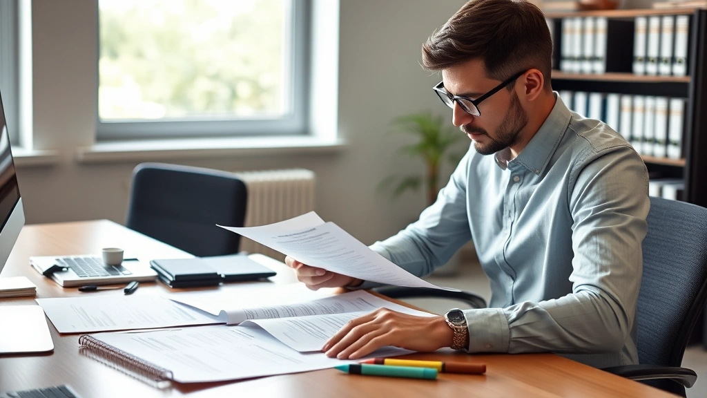 Academic researcher carefully reviewing a research paper at a desk with multiple documents and highlighters, focused expression, natural lighting from window, professional office setting