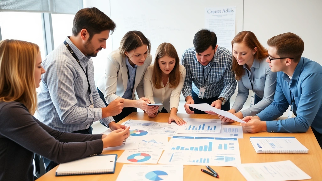 Multiple researchers in a collaborative meeting discussing findings, reviewing data charts and graphs on a table, professional academic environment with notebooks and pens