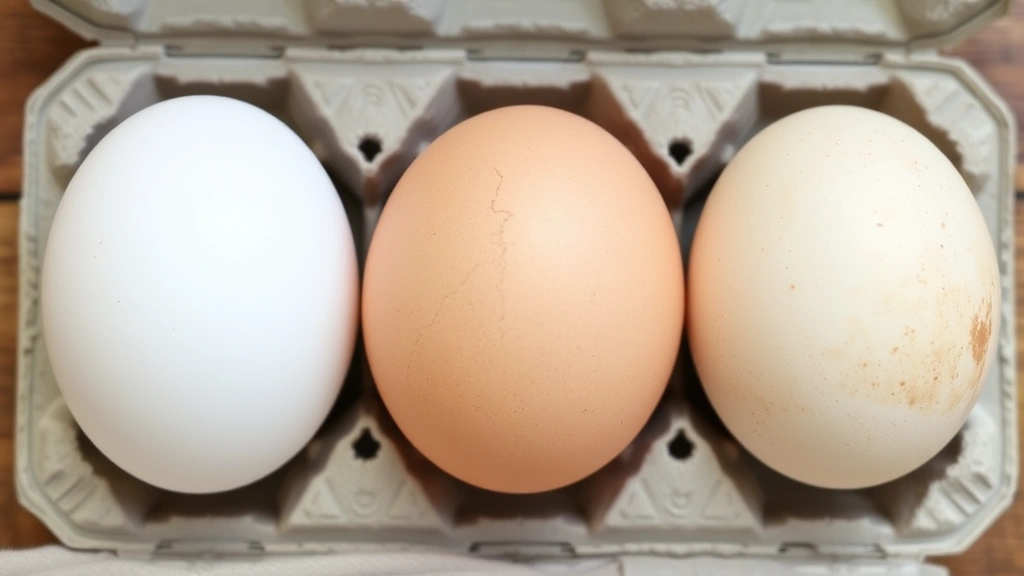 Close-up of three eggs in a carton showing different states: one with a clean intact shell, one with a small crack, and one with discoloration, arranged neatly on a wooden surface