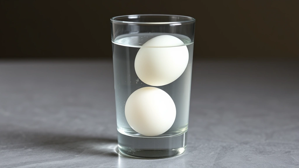 A transparent glass filled with cold water with three eggs at different levels: one sinking to the bottom, one floating in the middle, and one at the surface, demonstrating the float test