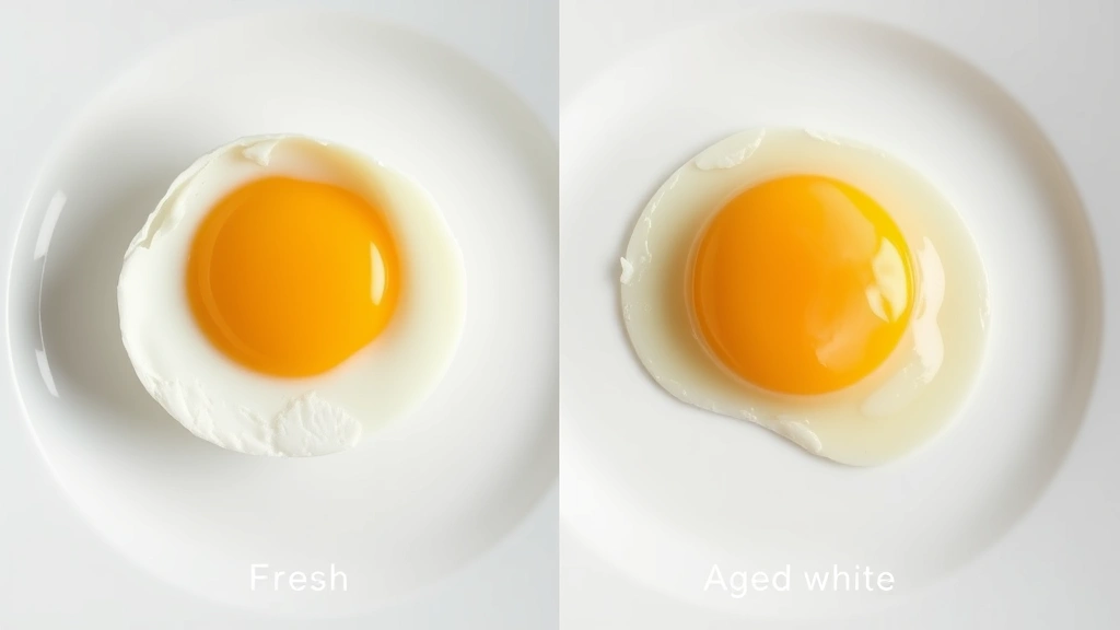 Split-screen comparison of two cracked eggs on a white plate: one with a bright yellow yolk and clear white, the other with a flat yolk and cloudy white, showing fresh versus aged egg characteristics