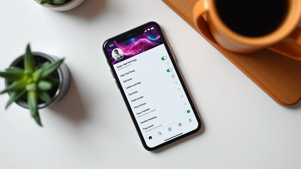 Overhead flat lay of mobile phone displaying social media profile page with privacy settings menu open, clean professional lighting