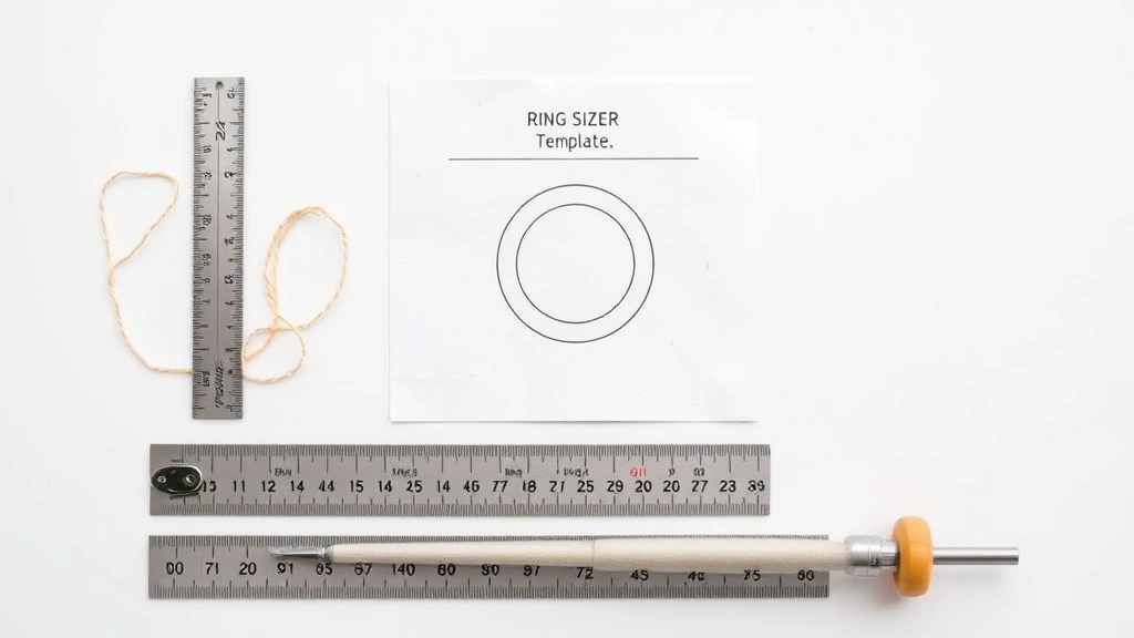 Flat lay of various measuring tools: string, ruler, printable ring sizer template, and a tapered ring mandrel tool arranged neatly on a white surface