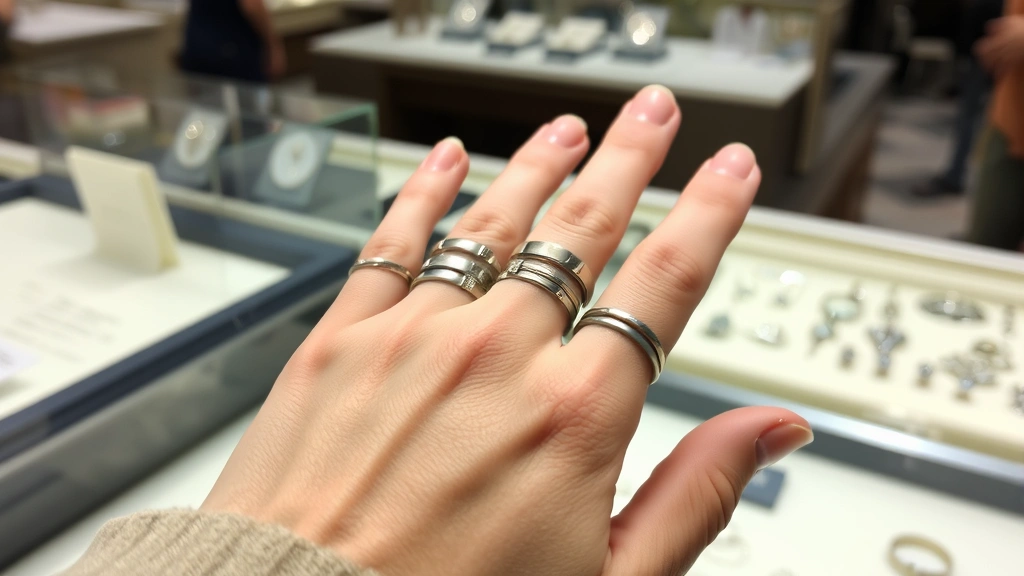 Person trying on different sized rings on their finger at a jeweler's counter, showing multiple metal bands in progression from smaller to larger sizes