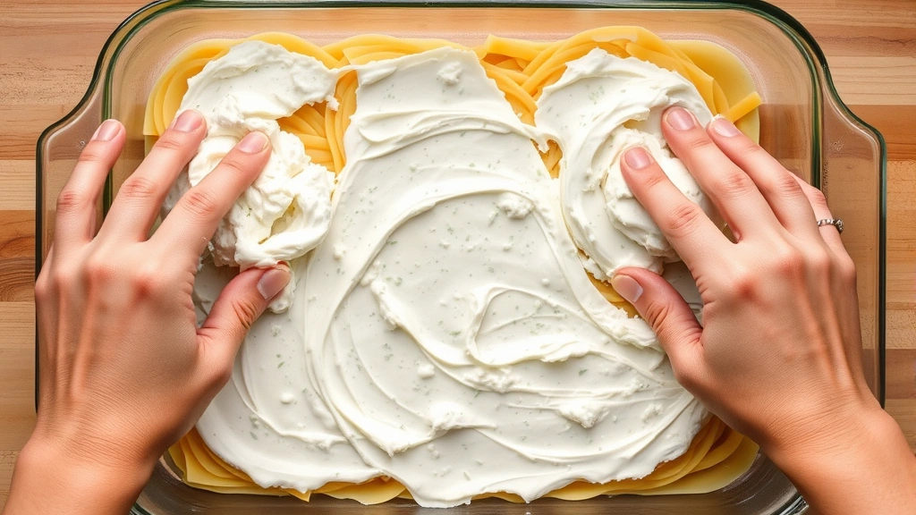 Close-up overhead view of hands spreading creamy ricotta mixture evenly onto cooked pasta sheets in a glass baking dish, showing proper texture and distribution