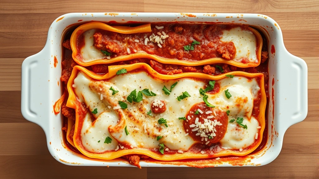 Overhead view of a rectangular baking dish with perfectly layered lasagna showing distinct layers of pasta sheets, red meat sauce, white ricotta, and melted mozzarella cheese, fresh herbs visible