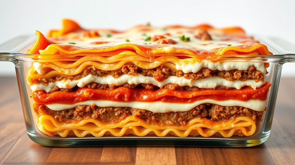 Cross-section side view of a fully assembled lasagna in a glass baking dish displaying four distinct colorful layers: golden pasta, red meat sauce, white ricotta, and melted cheese