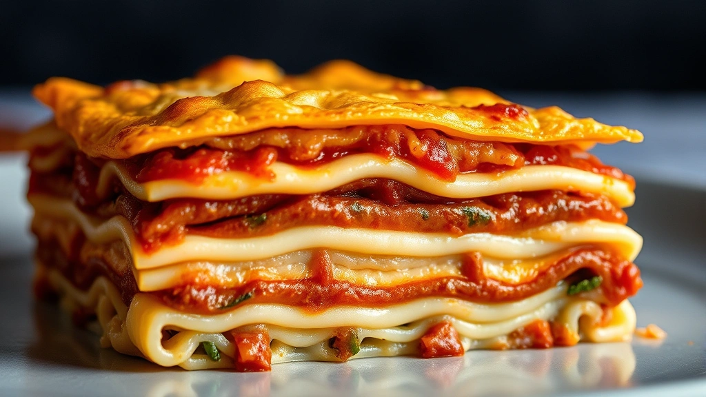 Close-up side profile of a cross-section of baked lasagna with golden-brown top layer, showing multiple distinct layers of pasta, sauce, cheese, and filling stacked perfectly