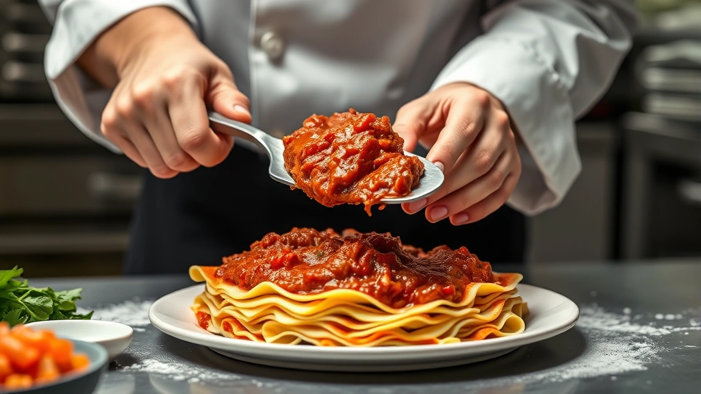 Professional kitchen scene showing a chef's hands using an offset spatula to carefully spread red meat sauce between layers of lasagna noodles with precision