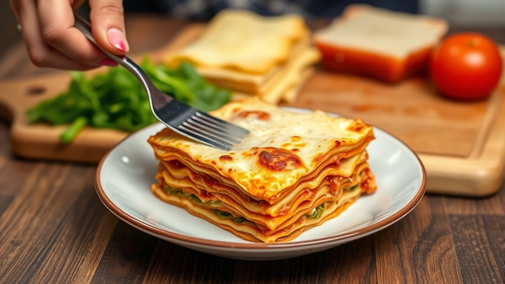 Hands using a spatula to carefully plate a generous square of lasagna, showing the layers clearly visible with steam rising, wooden cutting board in background