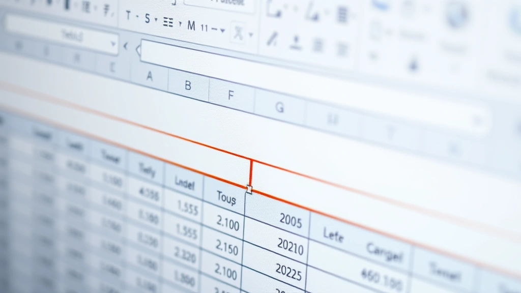 Close-up of a computer monitor displaying an Excel spreadsheet with a highlighted header row and a visual freeze line indicator below it, showing data rows below ready to scroll
