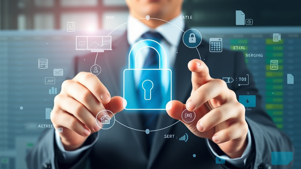 Professional businessman securing digital spreadsheet data with lock symbols and security elements no text no words no letters