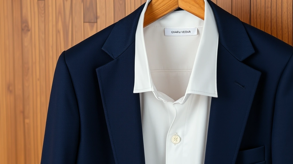 Luxury tailored navy blazer hanging on a wooden hanger with crisp white button-down shirt folded neatly beside it, premium fabrics