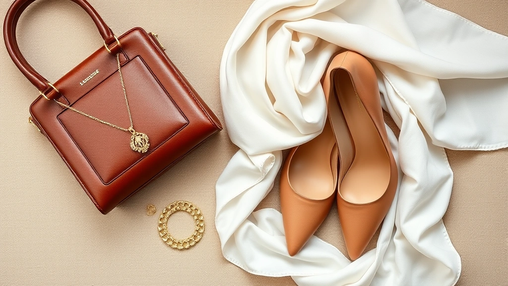 Elegant flat lay of fashion essentials: polished leather handbag, delicate gold jewelry, nude leather pumps, and white silk scarf arranged artfully
