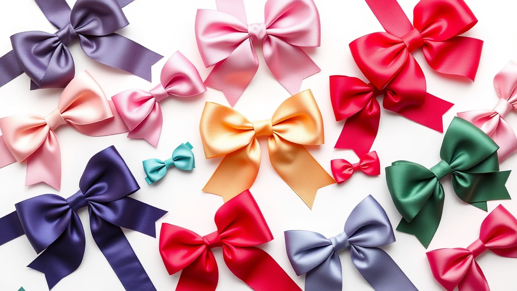 Elegant ribbon bows in various colors and styles arranged on white background, no text no words no letters