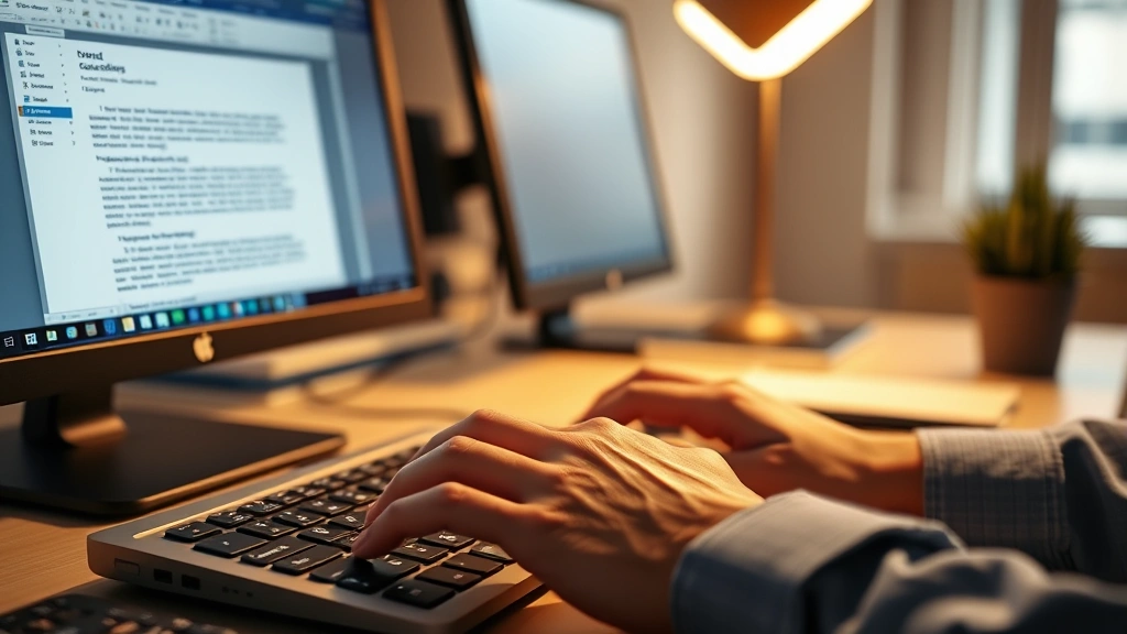 Hands typing on keyboard with Word document open on screen, showing document duplication process, warm office lighting