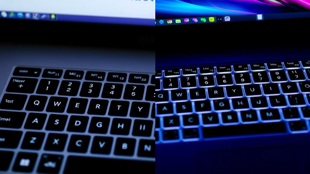 Split-screen showing Windows keyboard on left and Mac keyboard on right, both highlighted and illuminated, professional tech photography style