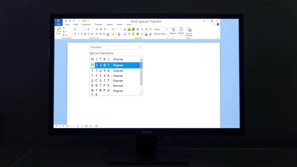 Computer monitor displaying a Microsoft Word document with a special characters dialog box open, showing the degree symbol highlighted in the character selection menu