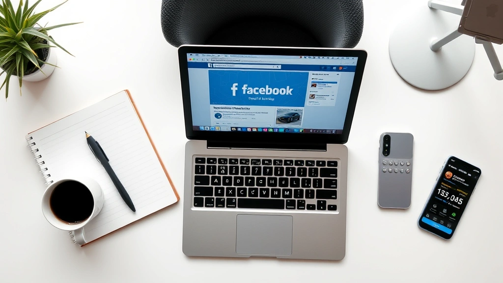 Overhead view of a modern workspace with a laptop displaying a Facebook interface, surrounded by coffee cup, notebook, and smartphone showing social media metrics