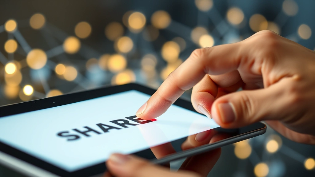 Close-up of a hand clicking a share button on a tablet screen, with abstract social network connections visualized in the background with glowing nodes and lines