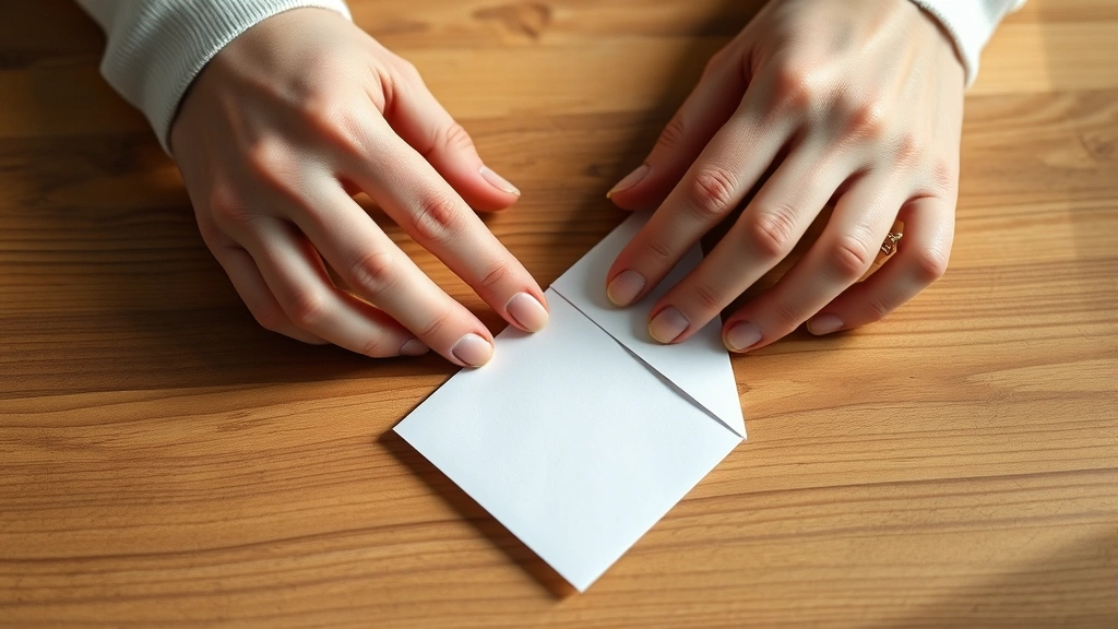 Close-up of hands folding white origami paper diagonally on a wooden table with natural lighting