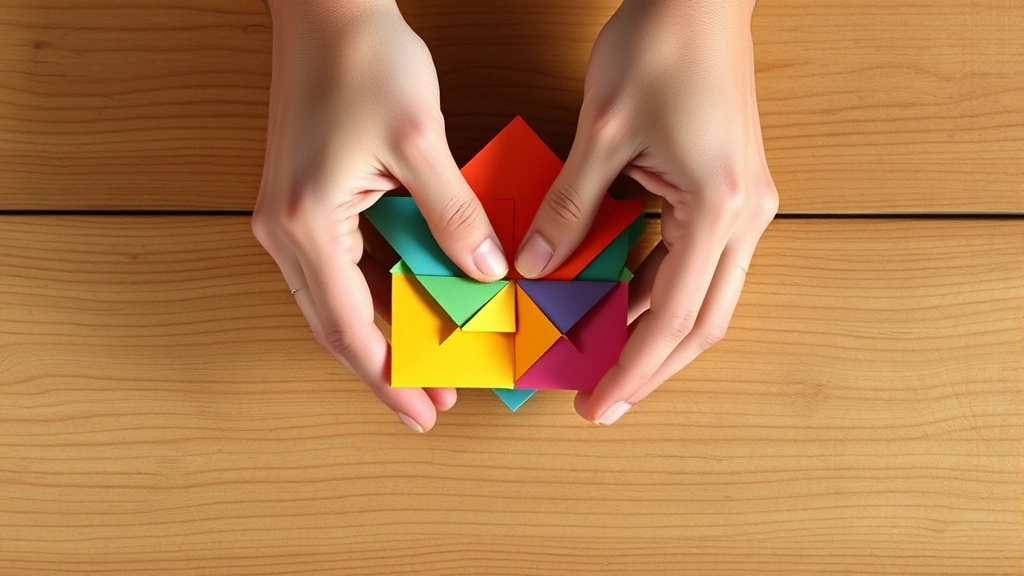 Close-up overhead view of hands folding colorful square origami paper, showing precise finger placement on a clean wooden surface with natural lighting