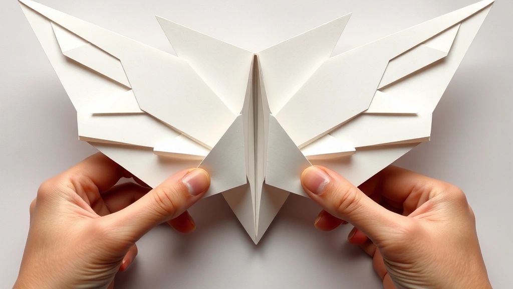 Detailed view of hands pulling out triangular flaps from layered folded paper to create crane wings