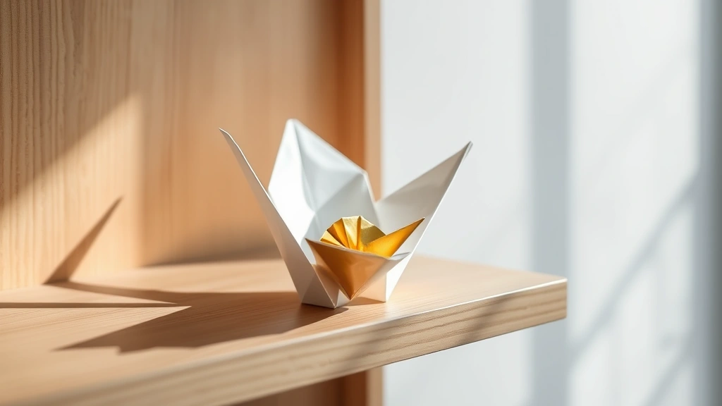 Completed paper crane in white and gold iridescent paper displayed on a wooden shelf with soft window light creating subtle shadows, minimalist aesthetic
