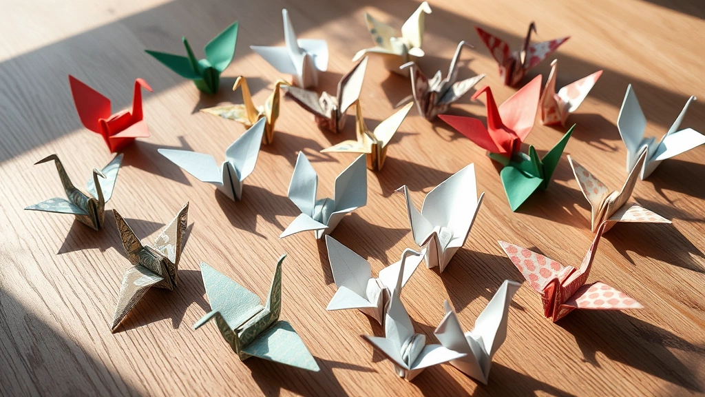 Collection of finished paper cranes in various colors and patterns displayed on a wooden surface with soft shadows