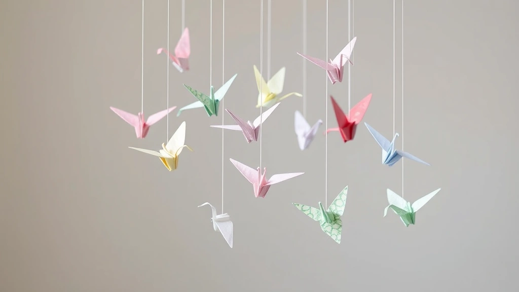 Multiple paper cranes in various pastel colors suspended from thin invisible thread creating a delicate mobile, photographed against a soft neutral background