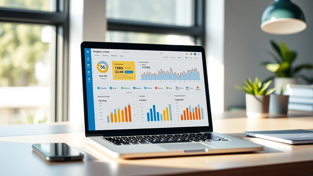 Bright, modern laptop displaying colorful social media analytics dashboard with engagement charts and metrics, natural office lighting, minimalist desk setup