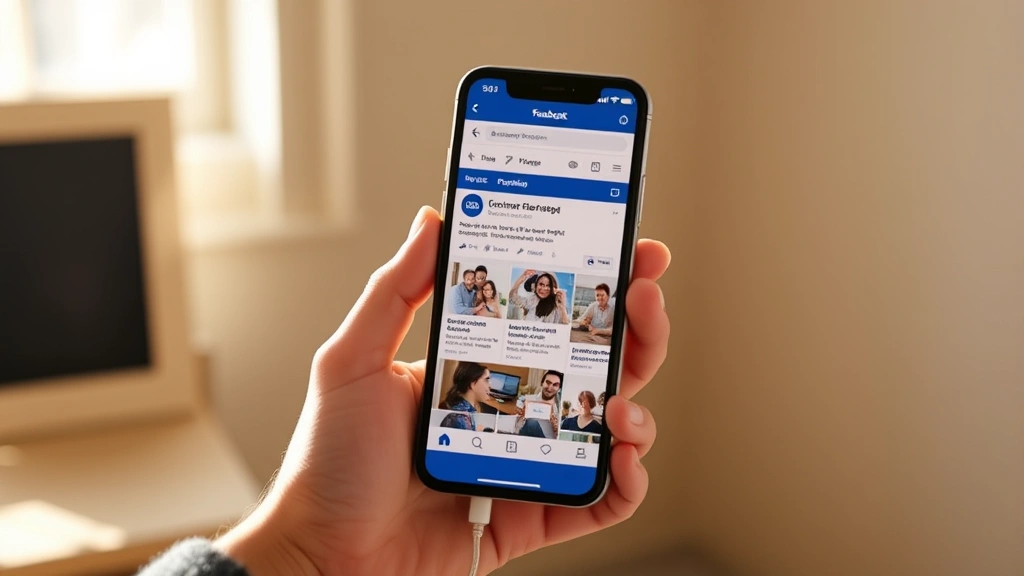Person holding smartphone showing a vibrant, well-designed Facebook post interface with clear visuals and engaging content, warm natural light