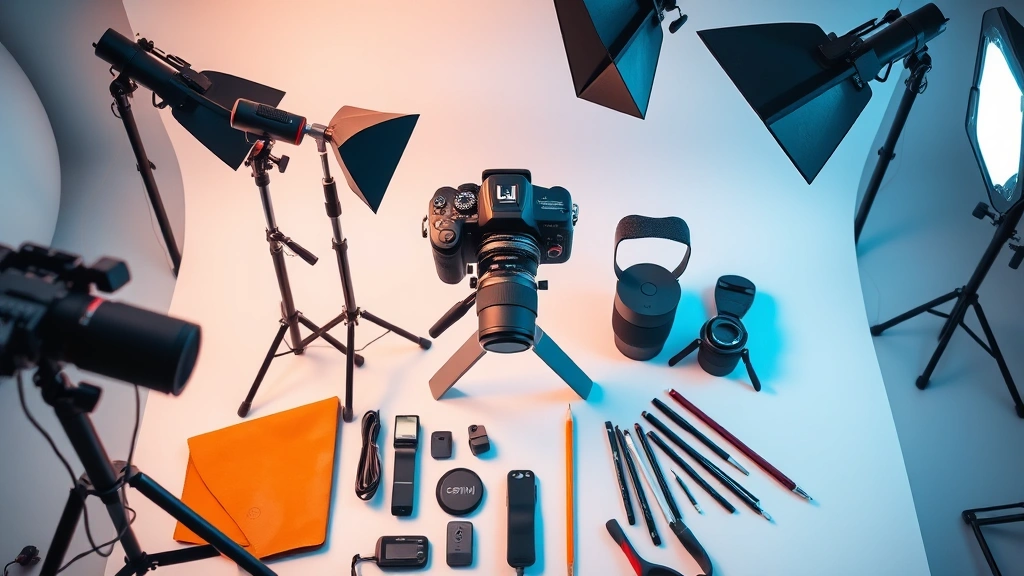 Professional photography setup with high-quality camera, lighting equipment, and props arranged on a clean white surface, ready for content creation
