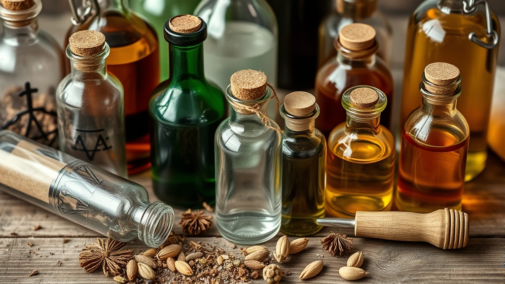 Close-up of various glass potion bottles with different shapes and sizes arranged on a wooden surface with dried herbs and craft materials scattered nearby