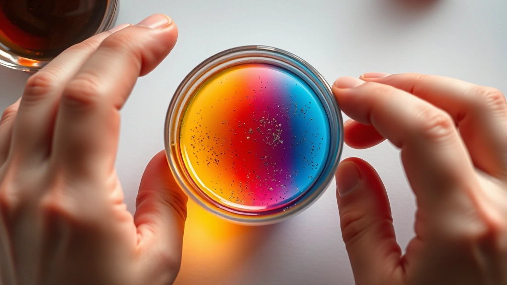 Overhead view of hands carefully layering colored liquids of different densities in a glass vial, creating distinct color bands with glitter suspended throughout