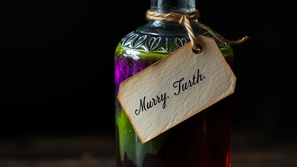 Dimly lit photograph of an ornate glass bottle containing murky green and purple layered liquid with shimmering particles and a handwritten vintage label attached with twine