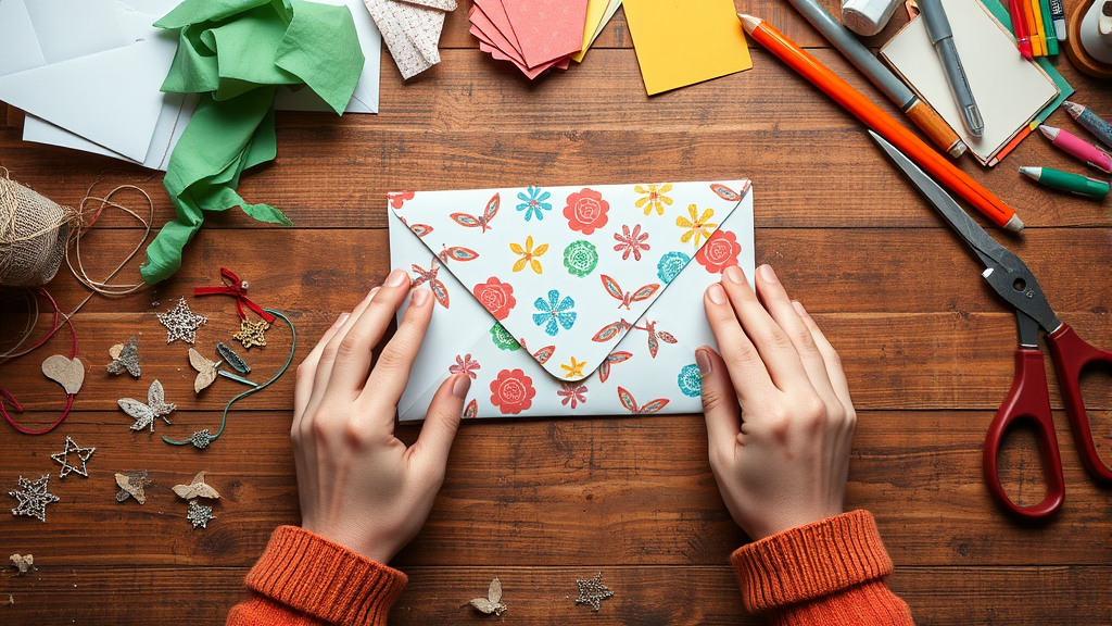 Hands folding colorful decorative paper into envelope shape on craft table with tools, no text no words no letters