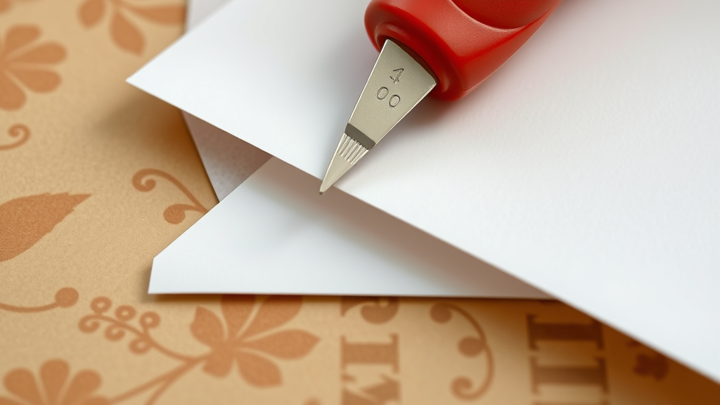 Close-up of envelope corner being folded with bone folder tool on patterned paper, no text no words no letters
