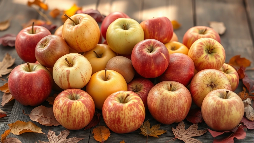 Assorted fresh apples in various colors and varieties arranged on a rustic wooden table with autumn leaves scattered around, natural daylight streaming across