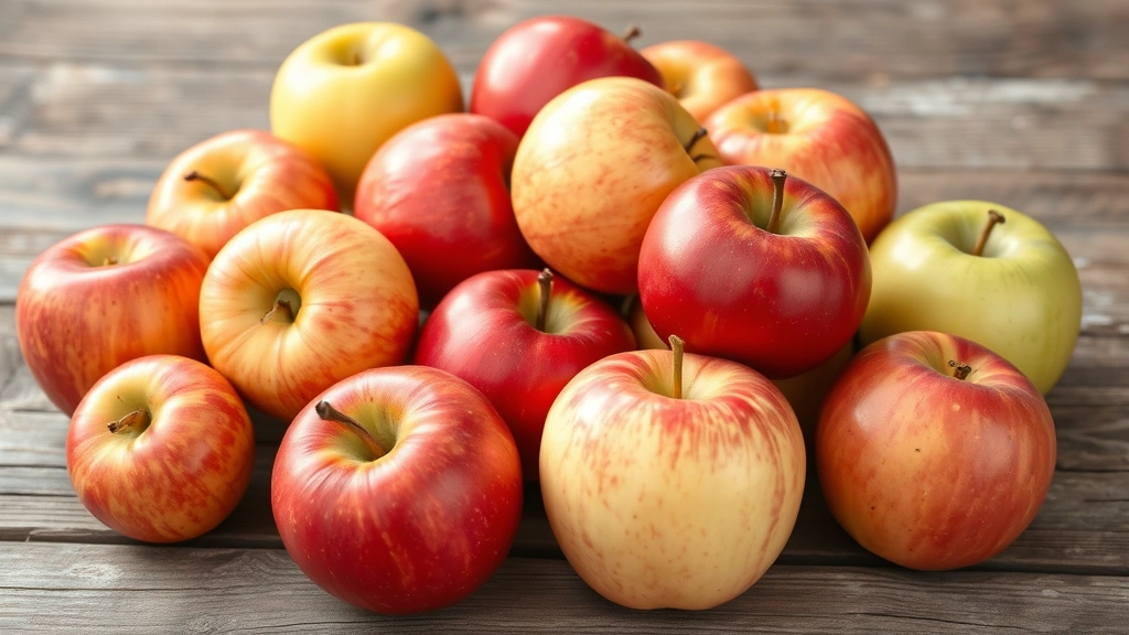 Assortment of fresh whole apples in warm autumn colors including red, yellow, and green varieties arranged on a rustic wooden surface in natural daylight