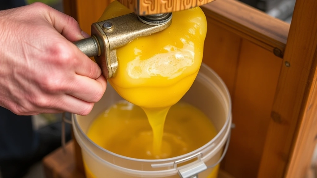 Hand-operated cider press mechanism in action with golden apple juice flowing into a collection bucket below, wooden press structure visible