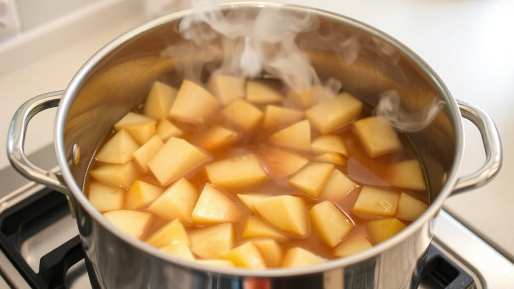 Large stainless steel pot filled with chopped apple pieces and amber-colored liquid actively simmering on a stovetop with steam rising