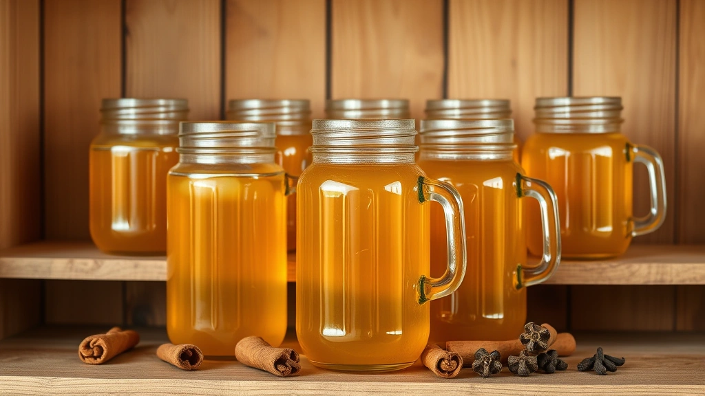 Glass jars filled with clear golden apple cider displayed on wooden shelves with cinnamon sticks and whole cloves nearby for styling, warm natural lighting