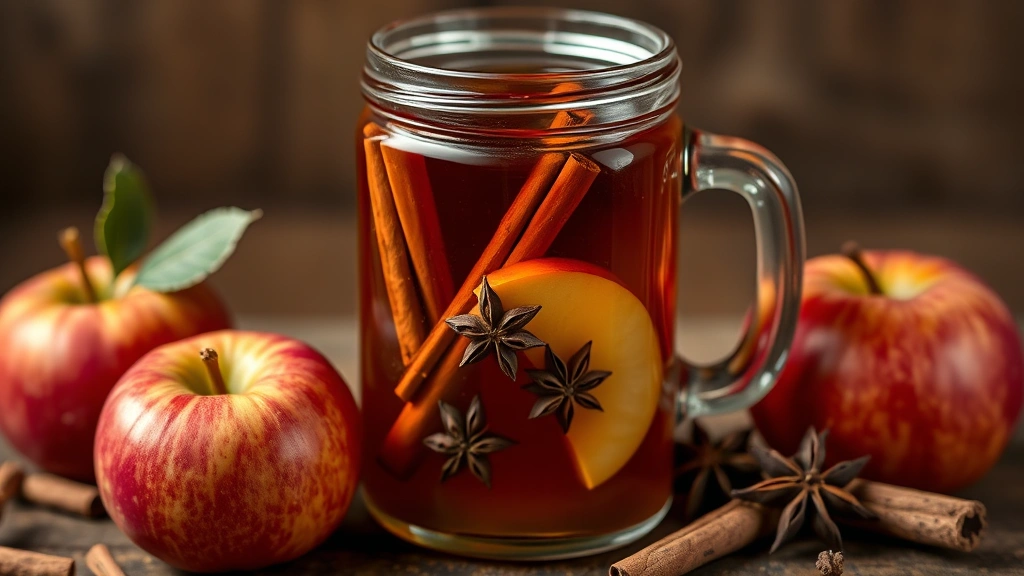 Glass jar of deep amber-colored finished apple cider with whole cinnamon sticks, cloves, and star anise floating in the liquid beside fresh apples