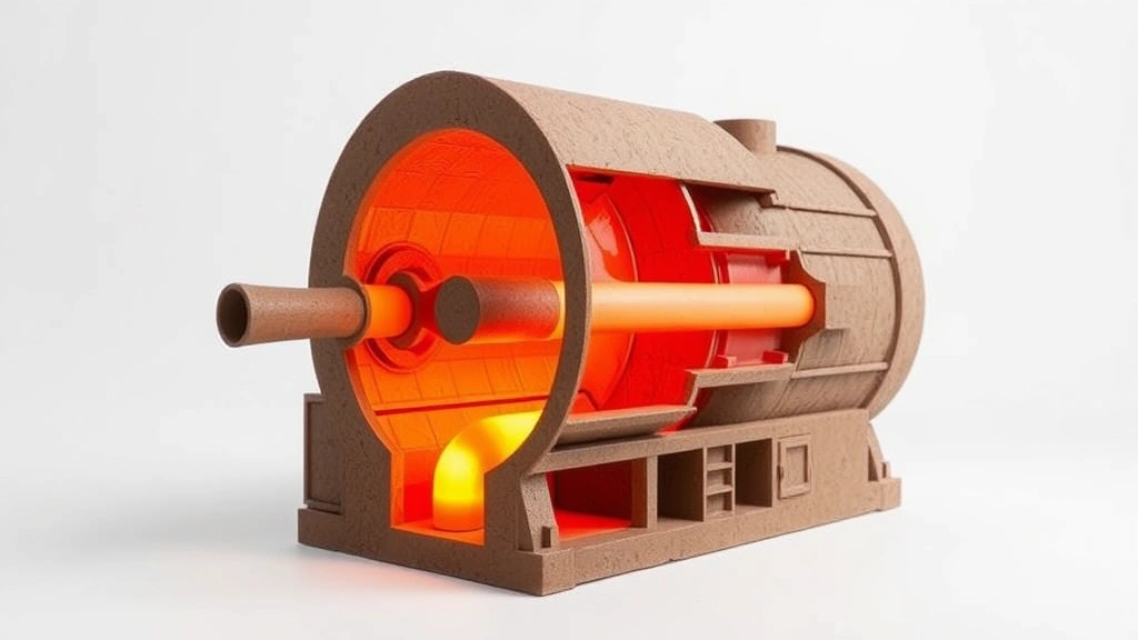 Cross-section diagram of a cylindrical blast furnace showing internal chambers, air inlet pipe, and molten metal collection area at base, photorealistic clay model